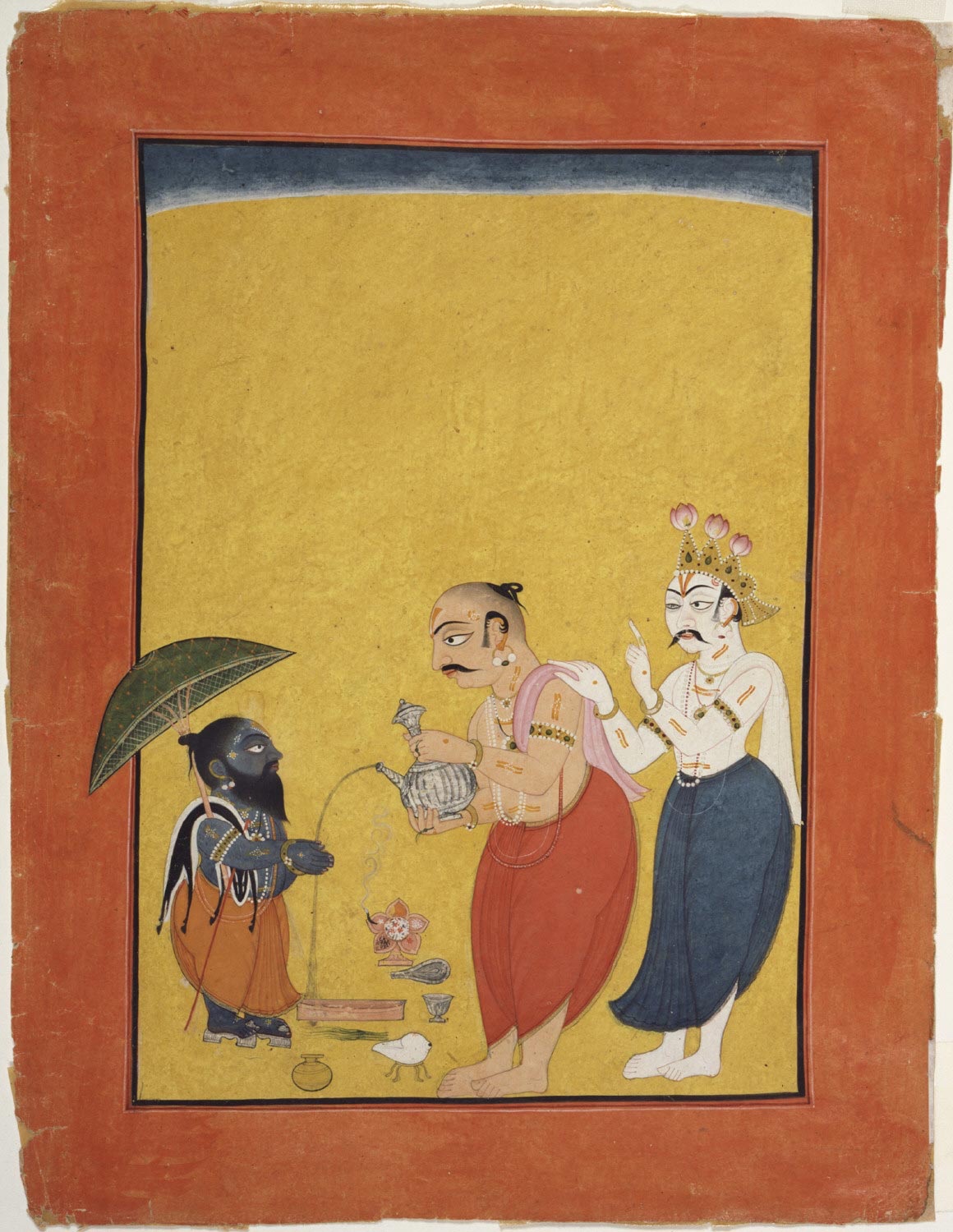 毗濕奴的侏儒化身向巴利討三步土地。《薄伽梵往世書》(Bhagavata Purana)散頁,約 1700 至 1725 年,Mankot 畫派,費城美術館藏。巴利正把水倒進男孩手裡,答應這份布施;身後舉起一根手指的白衣人,是勸他收手的太白仙人。