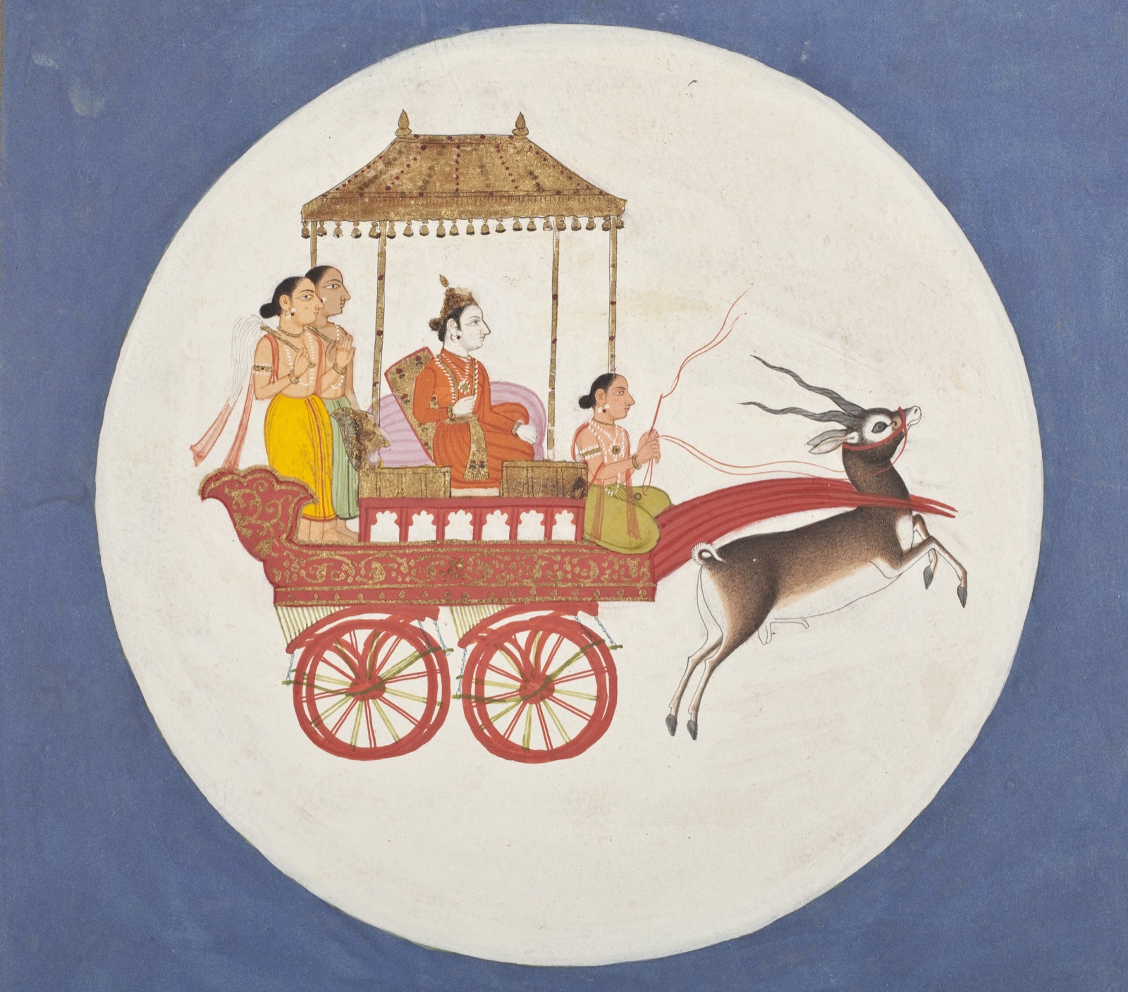 月神 Chandra 乘車，車由一隻黑鹿拉著。出自一部印度《夢之書》抄本，洛杉磯郡立美術館藏。月亮在這套圖像裡總是被畫進一個白色的圓盤裡，而拉車的是鹿，不是太陽那七匹馬。