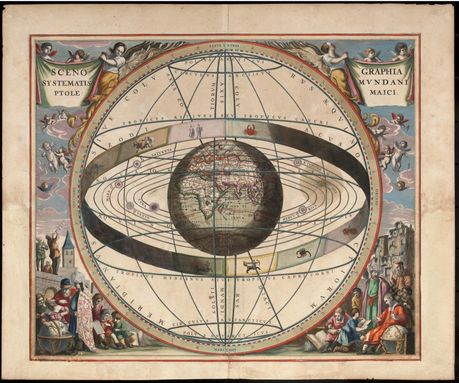 托勒密的地心宇宙圖：地球居中，黃道十二星座環繞，西方占星的星座就是從這套天空長出來的。Andreas Cellarius, Scenographia Systematis Mundani Ptolemaici, Harmonia Macrocosmica, c. 1660