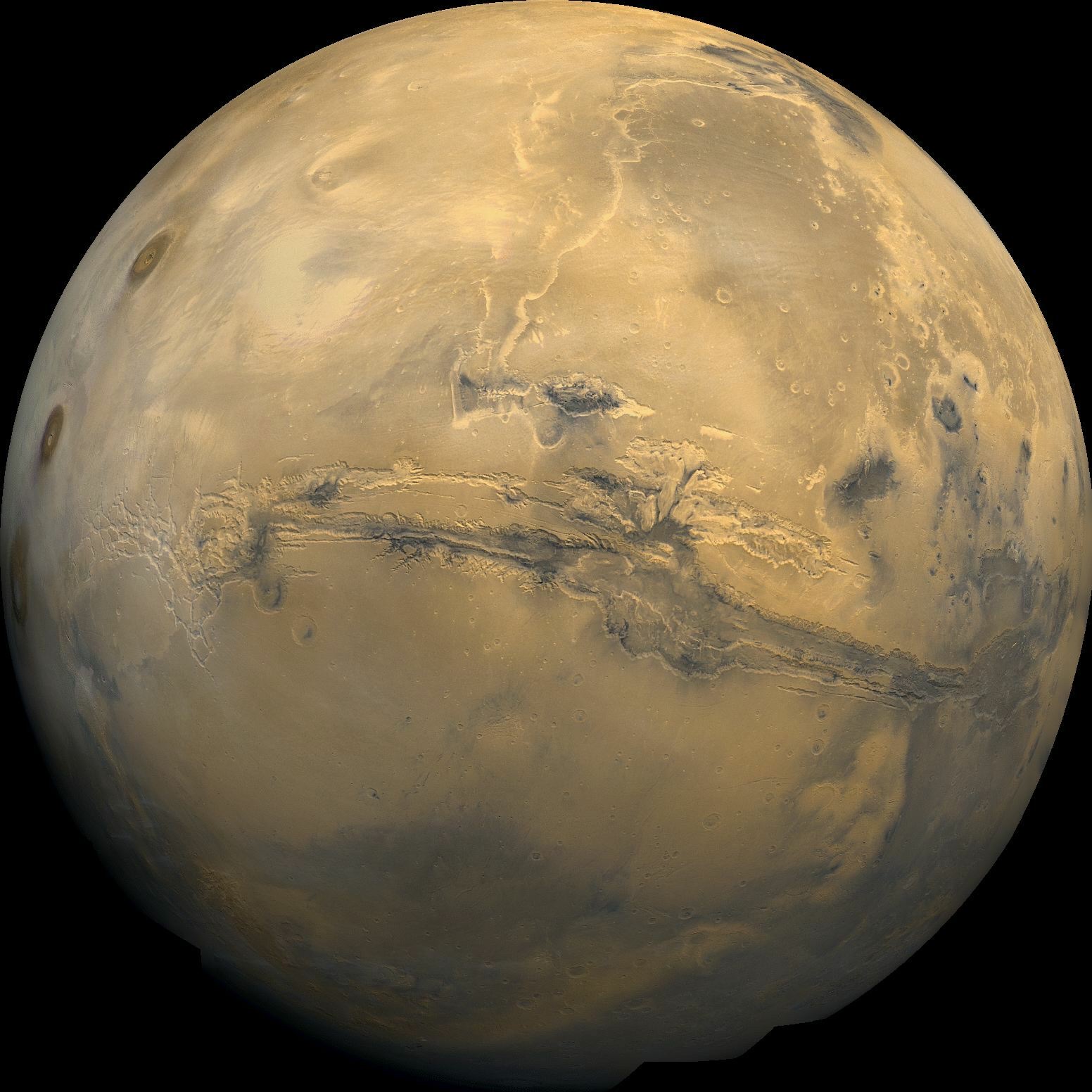 維京一號（Viking 1）軌道器 1980 年 2 月 22 日拍下的 102 張影像，拼成這張火星全景。橫過中央的那道裂谷是水手號峽谷（Valles Marineris），長超過 3000 公里，最深約 8 公里。圖片來源：NASA，公共領域。