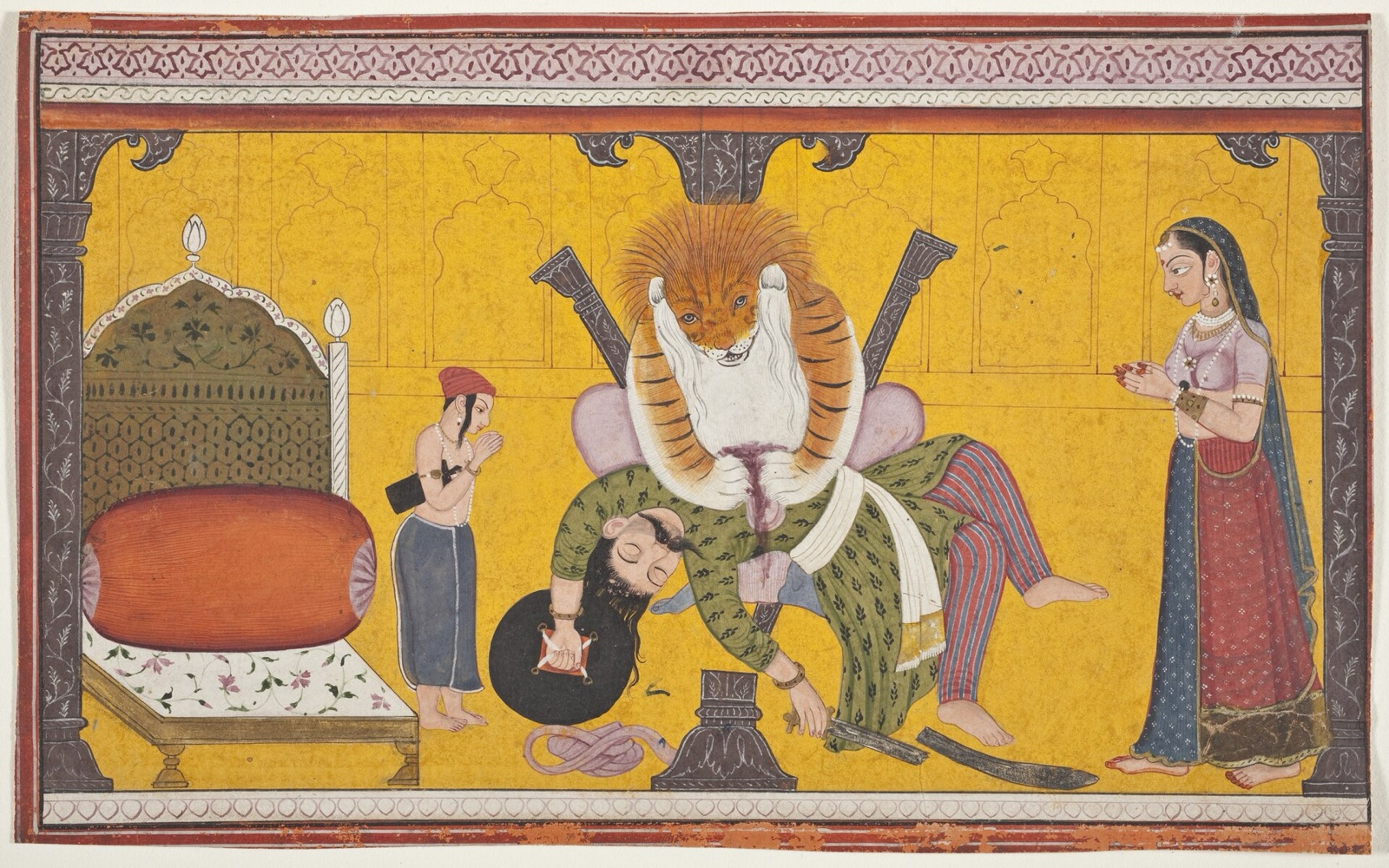 毗濕奴的人獅化身撕開金席。《薄伽梵往世書》（Bhagavata Purana）散頁，約 1760 至 1770 年，Nurpur 畫派，洛杉磯郡立美術館藏。左邊雙手合在胸前的男孩，就是他信奉毗濕奴的兒子。公共領域。