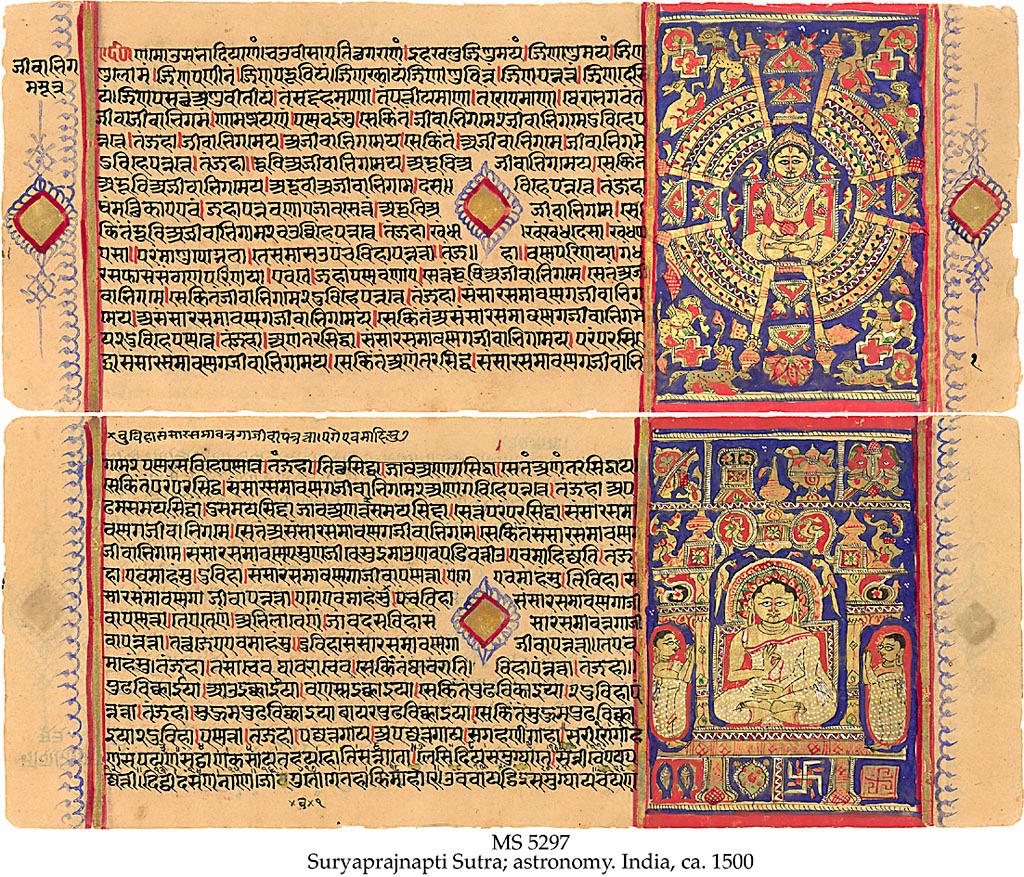 耆那教天文經《Suryaprajnapti》手抄本，西印度，約 1500 年。這部經講的正是日、月與星宿怎麼運行。Schøyen Collection MS 5297