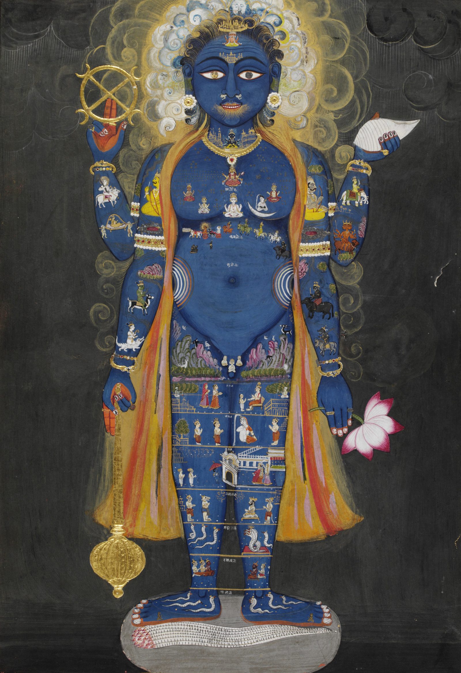 毗濕奴的宇宙相（Vishvarupa）：天地萬物都在同一個身體裡。齋浦爾，約 1800 至 1820 年，維多利亞與艾伯特博物館藏。Vishnu Vishvarupa, Jaipur, c. 1800-1820, Victoria and Albert Museum