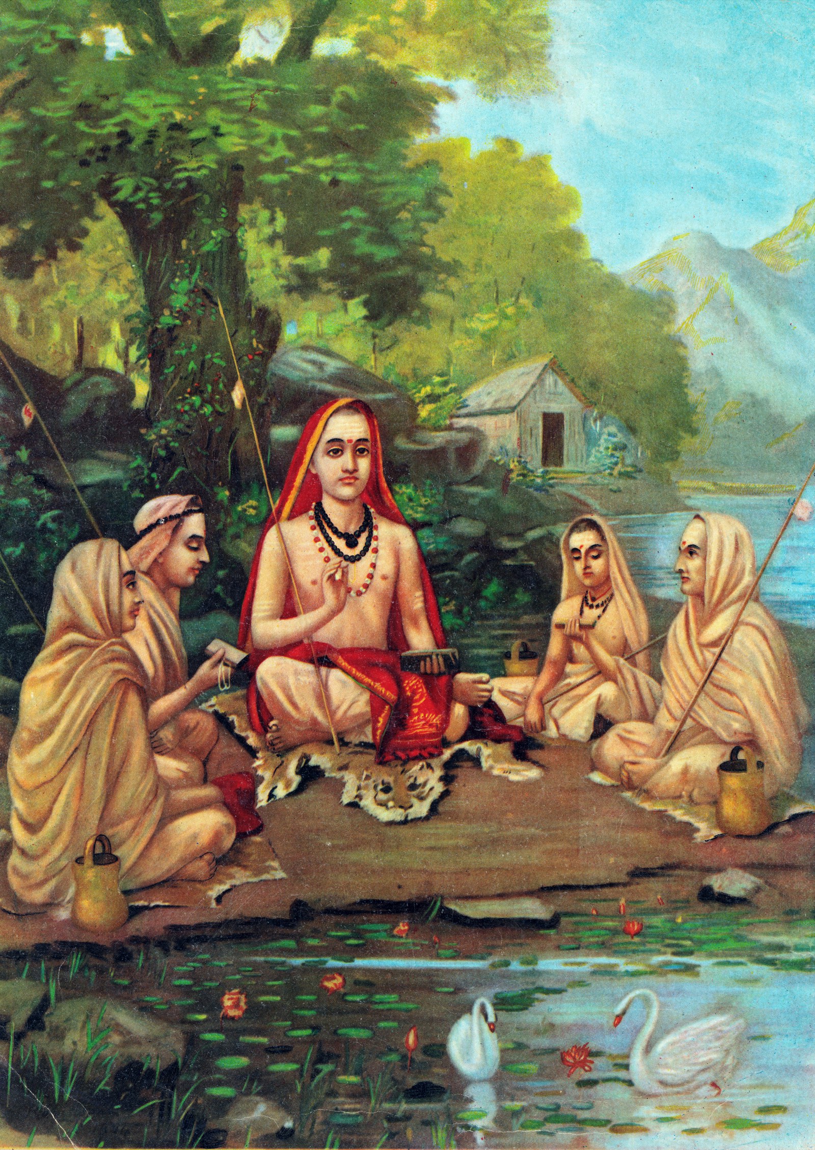 Raja Ravi Varma 繪〈商羯羅與弟子〉，約 1904 年。商羯羅是梵我不二論最重要的闡述者。Raja Ravi Varma, Adi Shankara with disciples, c. 1904