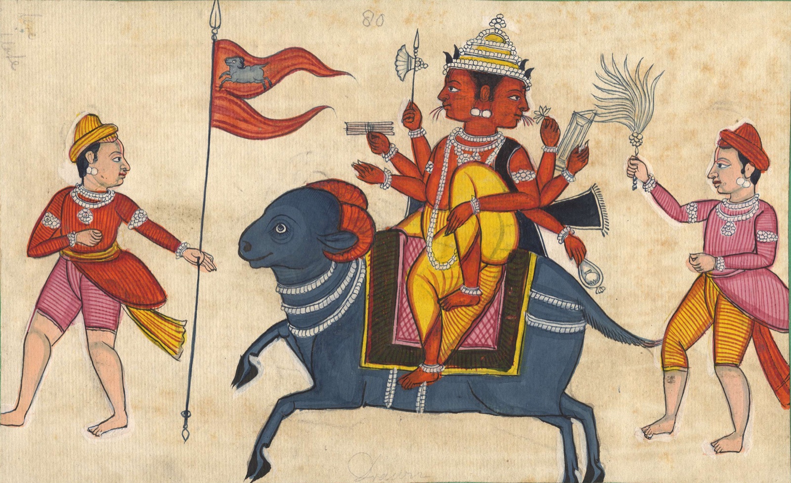 火神 Agni 騎著公羊。在吠陀傳統裡，火是光在人間的形式。印度普那（Poona）畫派，約 1800 年，大英博物館藏。Agni, Poona painting, British Museum, c. 1800