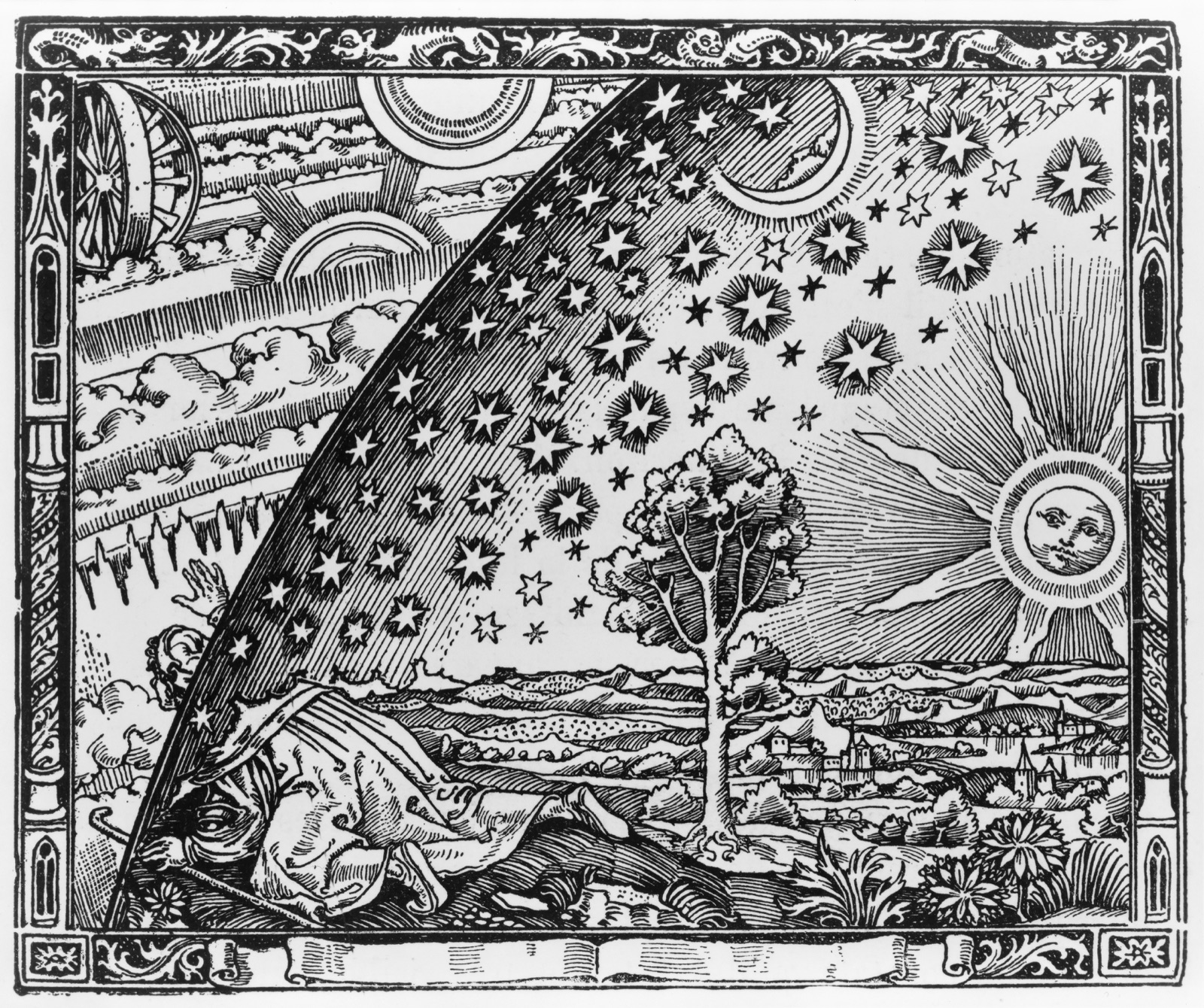 Flammarion 版畫：一個旅人把頭探出天穹的邊緣，看見天外運轉的機制。Flammarion engraving, L’Atmosphère: météorologie populaire, 1888