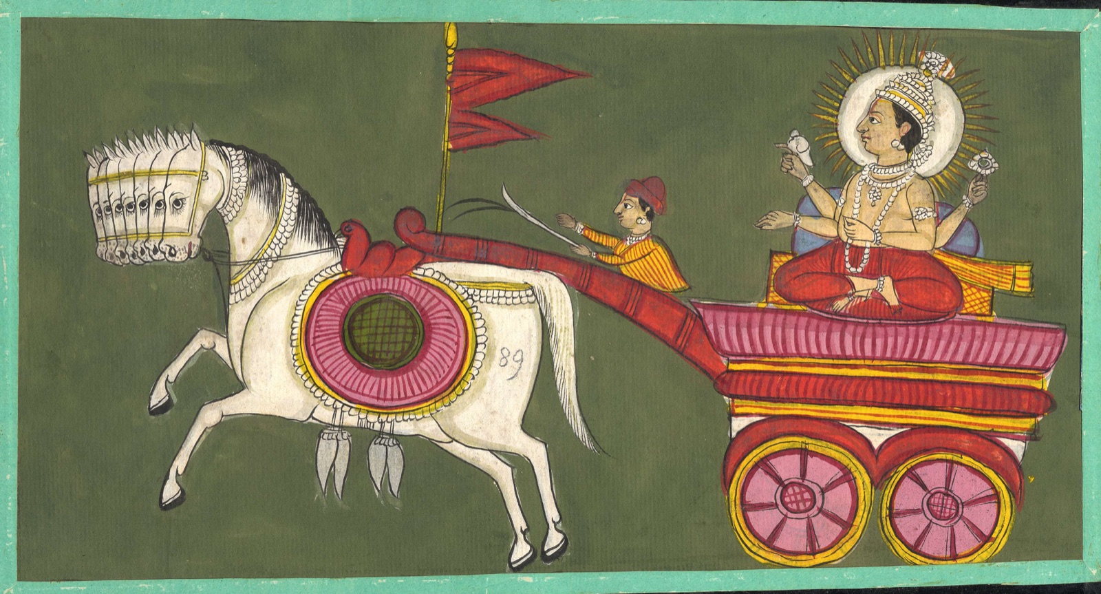 Surya 駕車，約 1800 至 1805 年的印度普那（Poona）紙本水彩。拉車的七匹馬在圖像傳統裡常被畫成一匹馬頂著七張臉，那七匹馬對應吠陀的七種韻律，也對應彩虹的七色與脊椎的七個脈輪。
