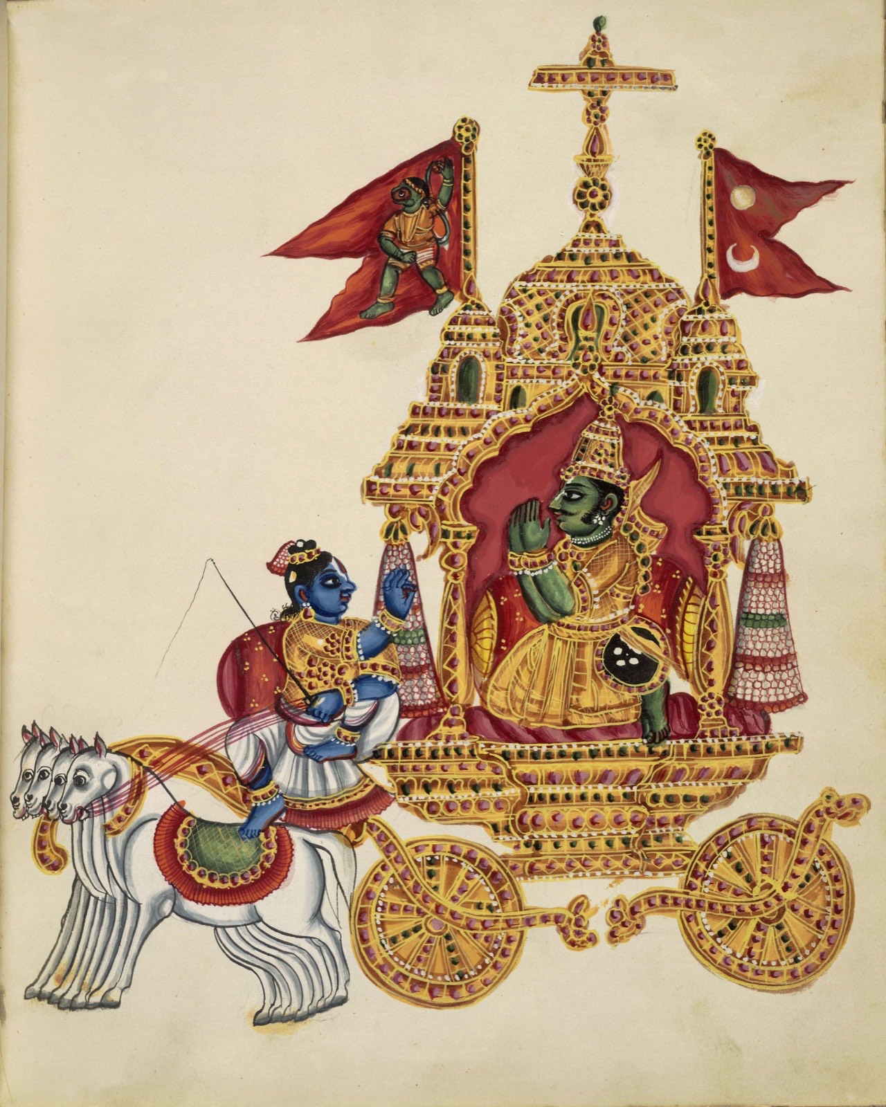 黑天（Krishna）替阿周那駕車，《薄伽梵歌》開講的場景。南印度，約 1830 年，大英博物館藏。Krishna and Arjuna on the chariot, South India, c. 1830, British Museum