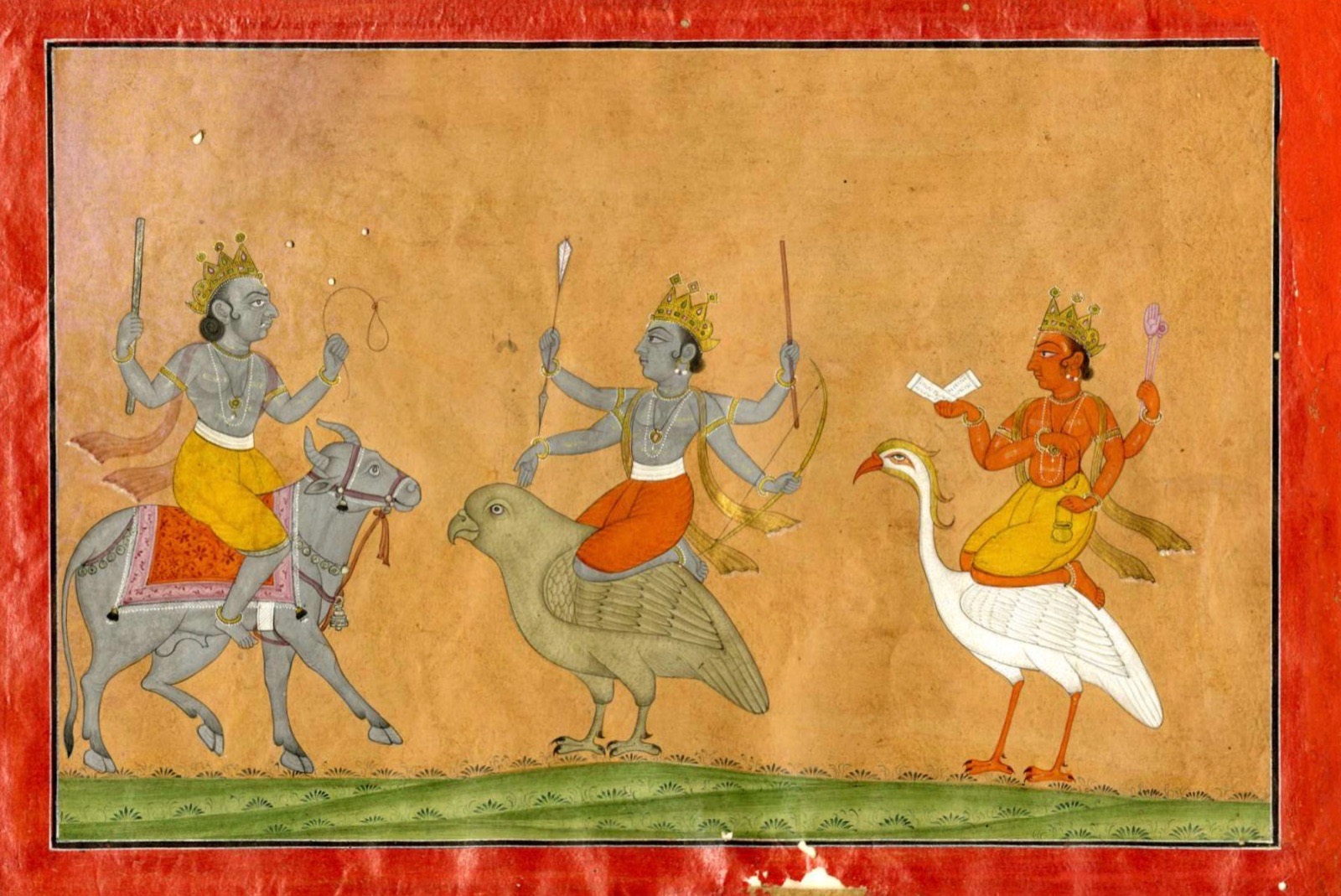 閻摩騎水牛、土星 Shani 騎禿鷹、梵天騎天鵝。帕哈里畫派，Chamba，約 1740 年。Yama on buffalo, Shani on vulture, Brahma on hamsa, Pahari school, Chamba, c. 1740